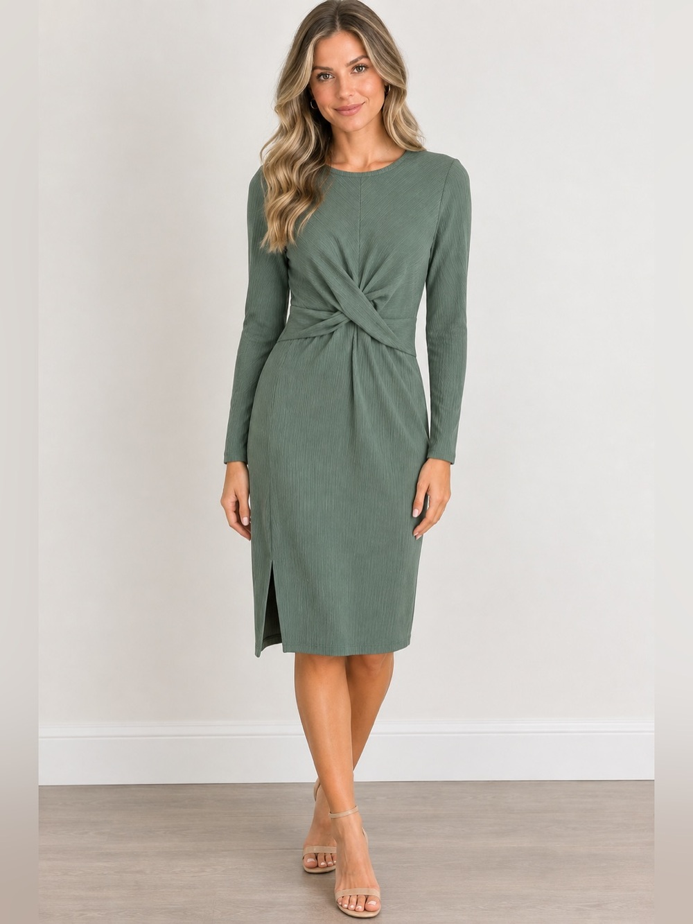 Nine West Sage Green Twist-Front Midi Dress